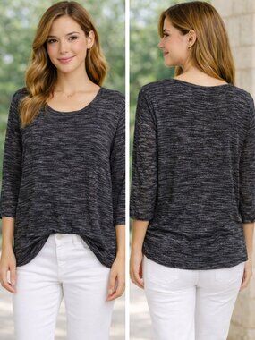 Emily Daniels Black Gray Mélange Lightweight Knit Long Sleeve Tee Tunic Top  XL